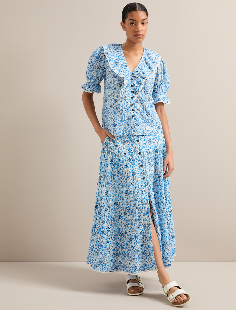 Bethany Cotton Blend Blouse - White Blue Ditsy Carnation Print