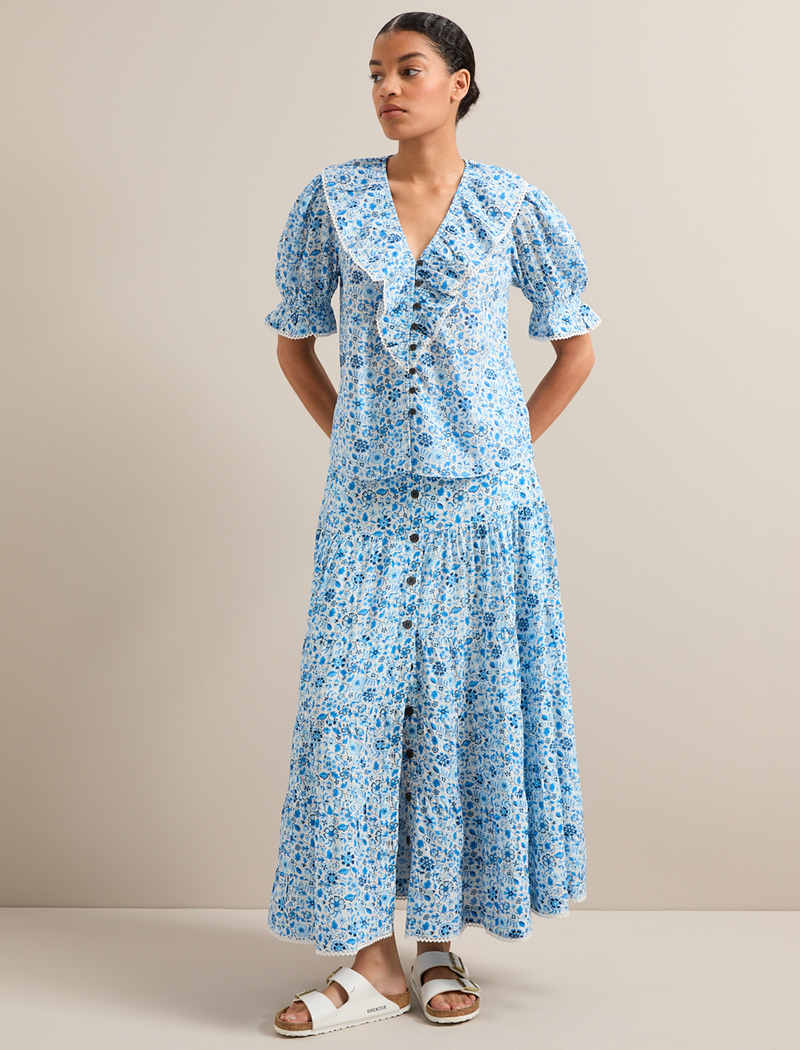 Rita Cotton Blend Maxi Skirt - White Blue Ditsy Carnation Print