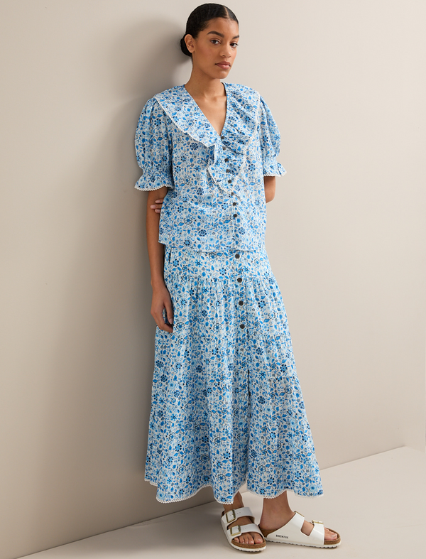 Bethany Cotton Blend Blouse - White Blue Ditsy Carnation Print