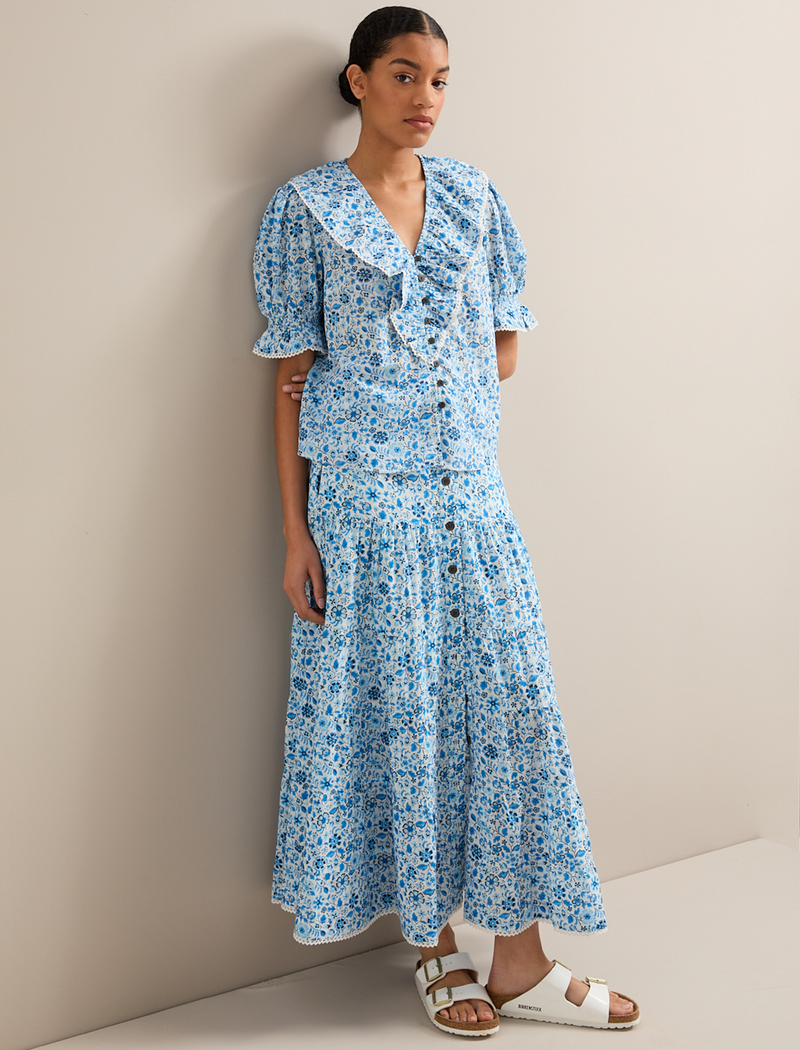 Rita Cotton Blend Maxi Skirt - White Blue Ditsy Carnation Print