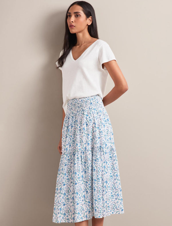Sylvia Silk Blend Maxi Skirt - Blue Trailing Feather Print