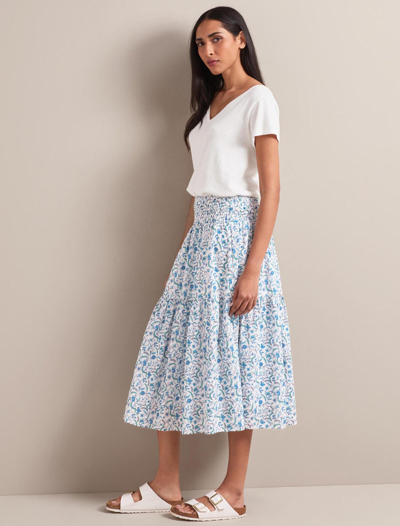 Sylvia Silk Blend Maxi Skirt - Blue Trailing Feather Print
