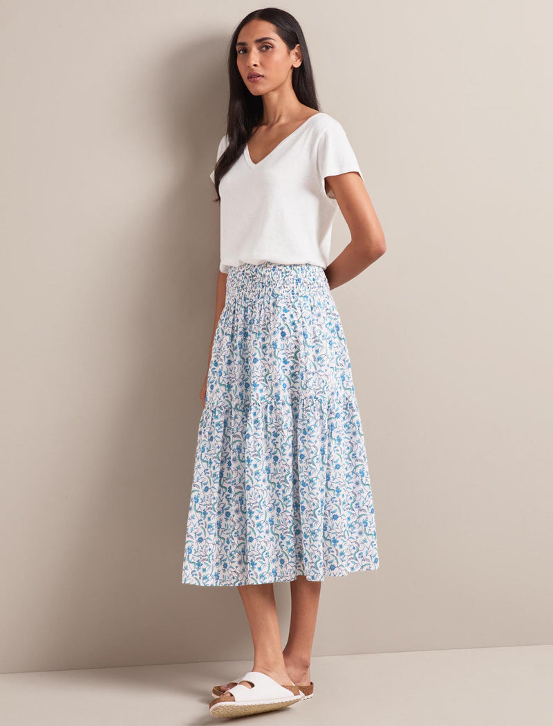 Sylvia Silk Blend Maxi Skirt - Blue Trailing Feather Print