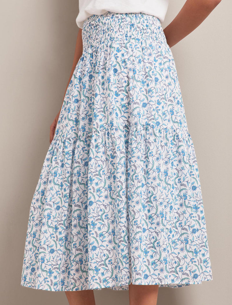 Sylvia Silk Blend Maxi Skirt - Blue Trailing Feather Print
