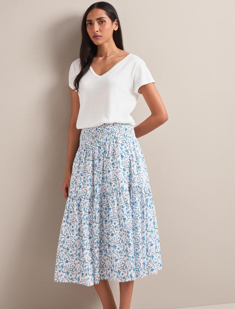 Sylvia Silk Blend Maxi Skirt - Blue Trailing Feather Print