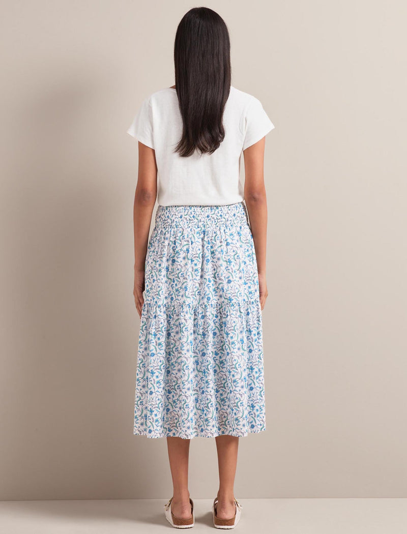 Sylvia Silk Blend Maxi Skirt - Blue Trailing Feather Print