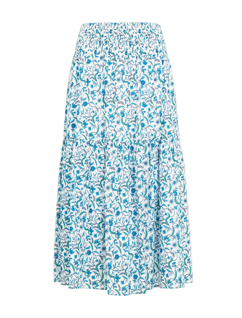 Sylvia Silk Blend Maxi Skirt - Blue Trailing Feather Print