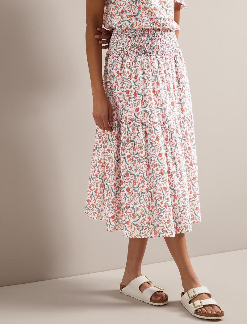 Sylvia Silk Blend Maxi Skirt - Red Trailing Feather Print