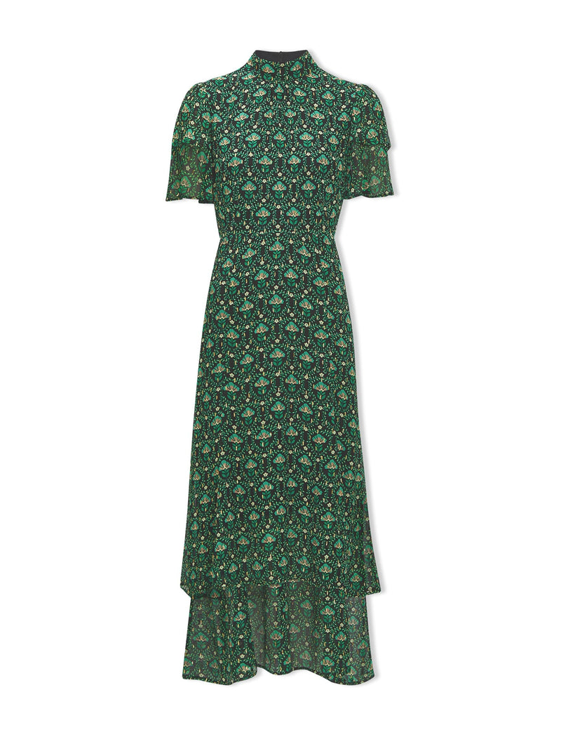 Aurelie Lurex Funnel Neck Maxi Dress - Green Carnation Print