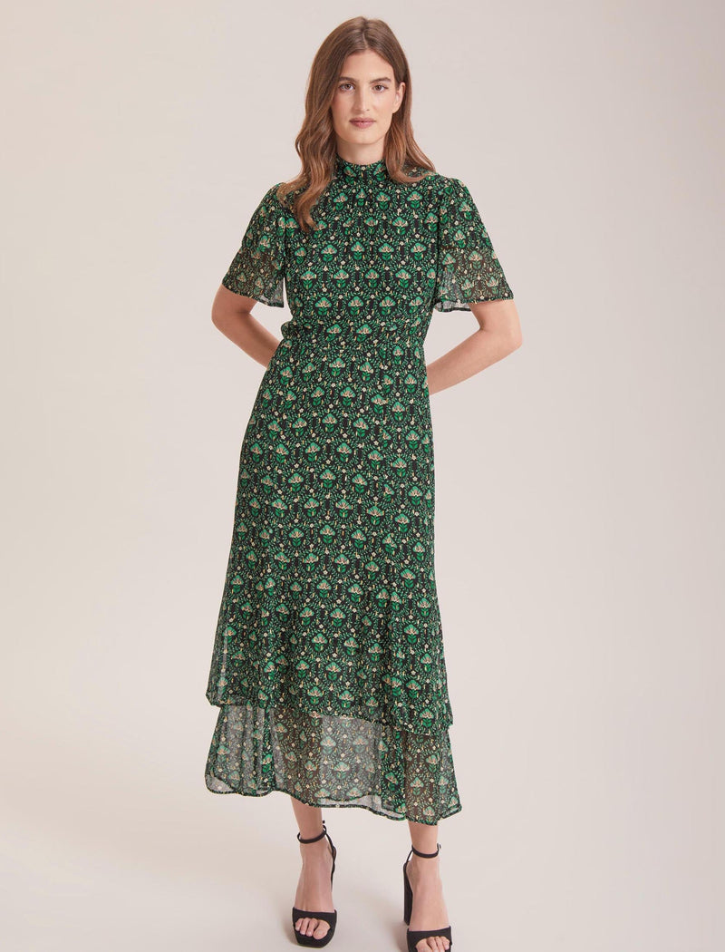 Aurelie Lurex Funnel Neck Maxi Dress - Green Carnation Print