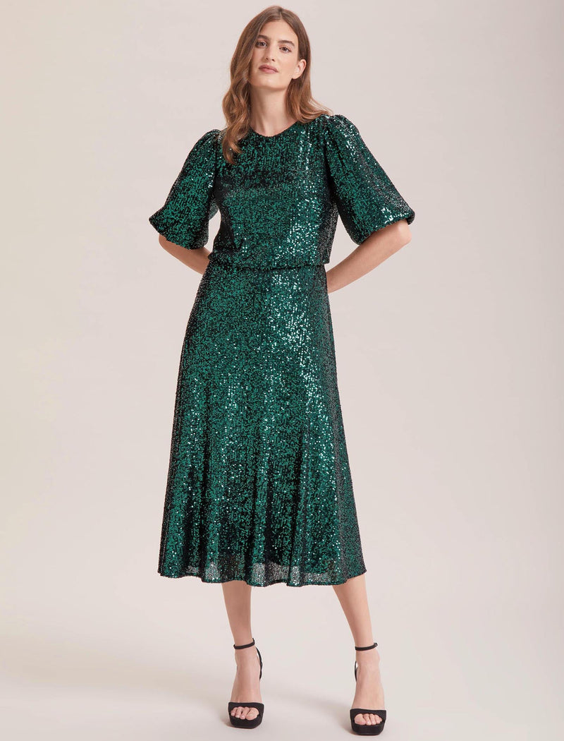 Marnie Sequin Midi Dress - Dark Green