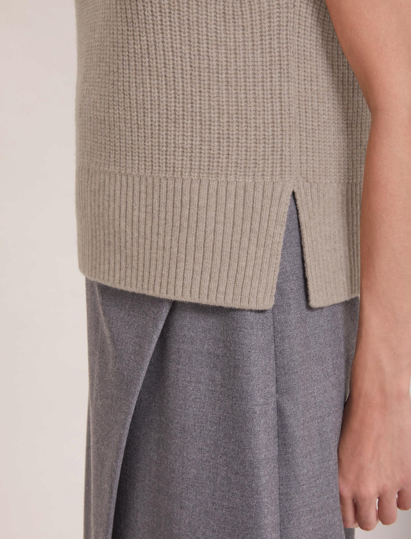 Janie Cashmere Blend Funnel Neck Sleeveless Jumper - Taupe