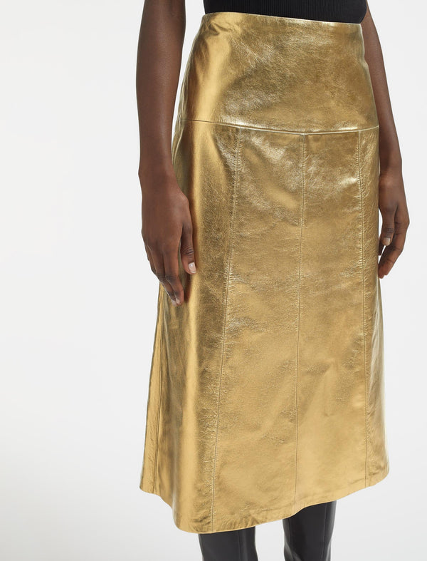 Tiana Leather Midi Skirt - Gold