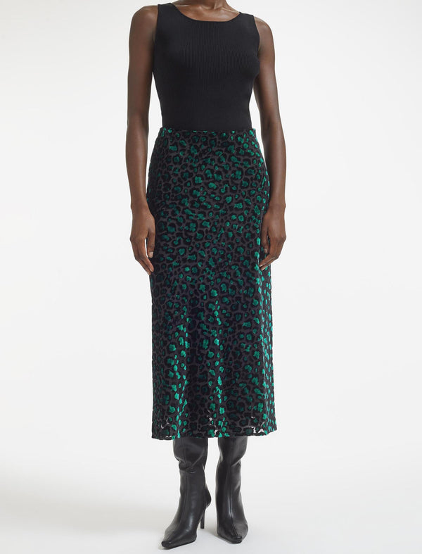 Scarlett Devoré Bias Maxi Skirt - Green Leopard Devore