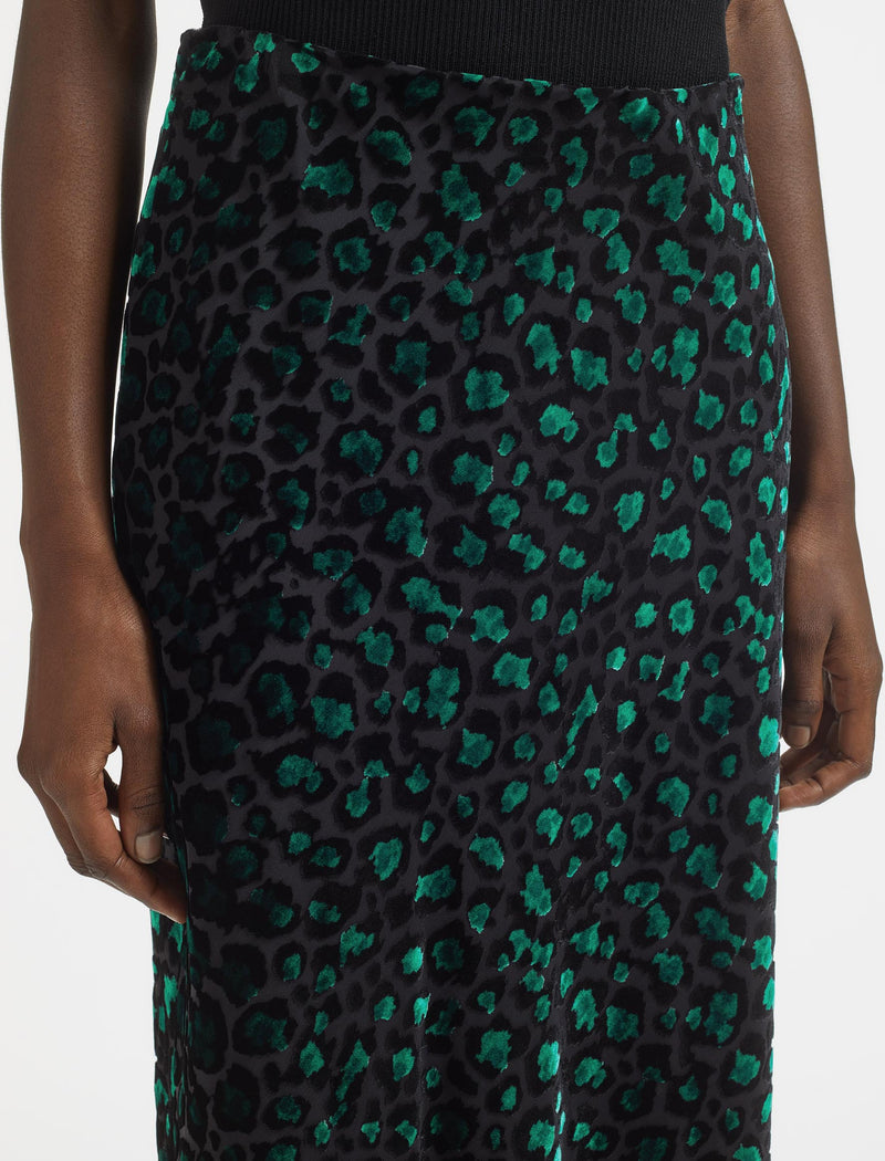 Scarlett Devoré Bias Maxi Skirt - Green Leopard Devoré
