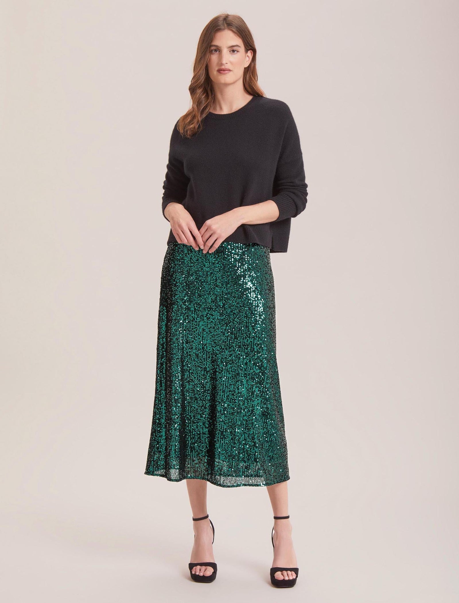 【CERRIC】SHELL LONG SKIRT 3色 ☆大人気☆ Hope & Ivy high waisted thigh slit maxi skirt in navy shell