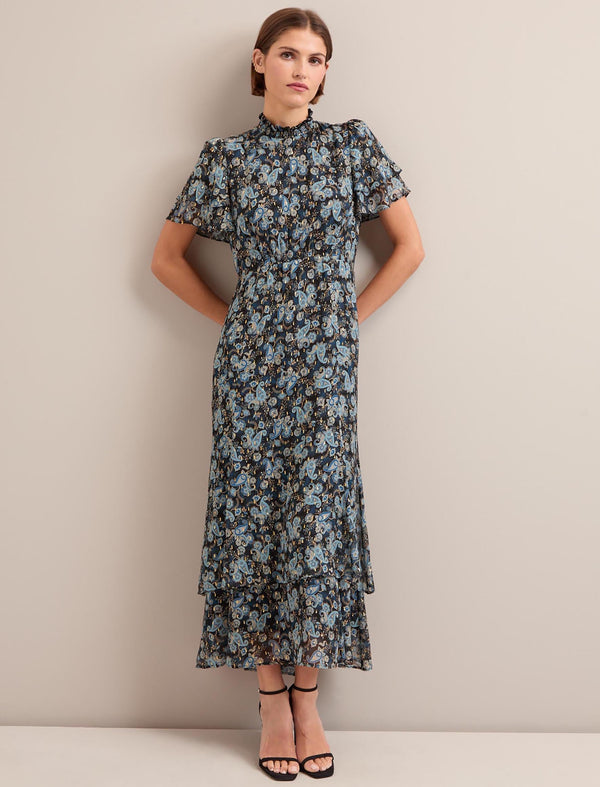 Aurelie Lurex Fil Coupé Maxi Dress - Navy Paisley Print