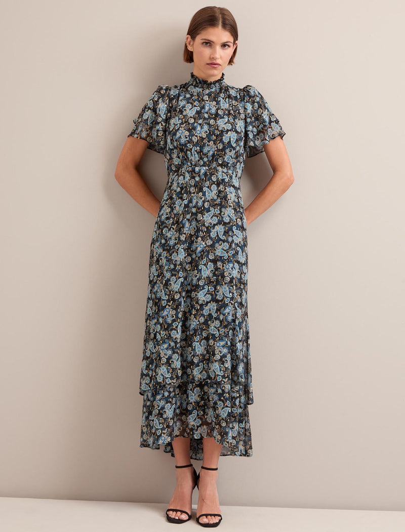 Aurelie Lurex Fil Coupé Maxi Dress - Navy Paisley Print