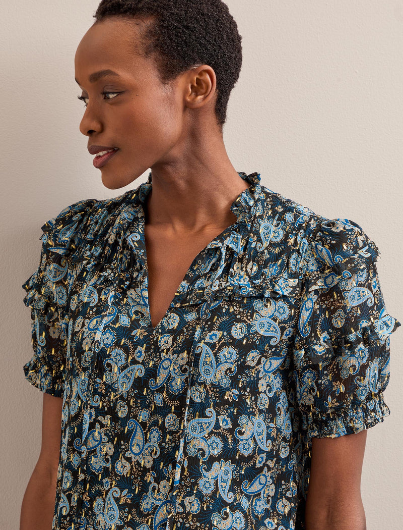 Viola Lurex Fil Coupé Blouse - Navy Paisley Print