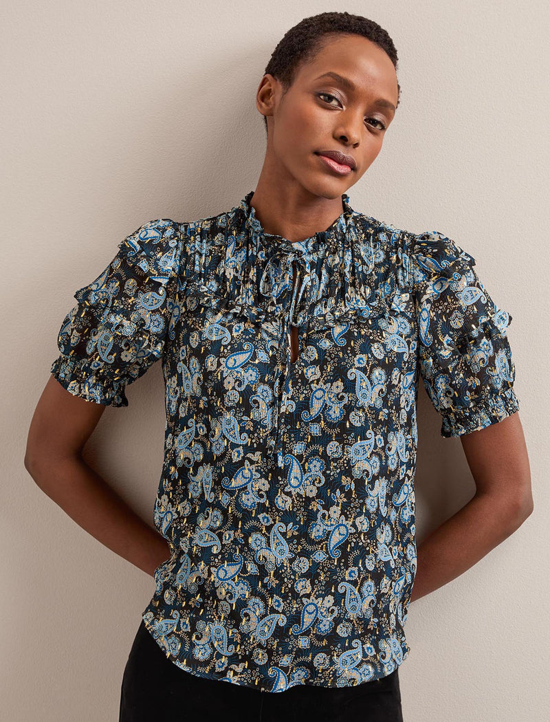 Viola Lurex Fil Coupé Blouse - Navy Paisley Print