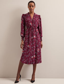 Stella Silk Midi Dress - Burgundy Lotus Print