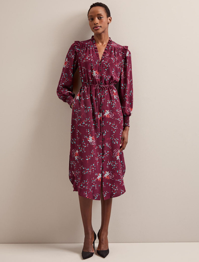 Stella Silk Midi Dress - Burgundy Lotus Print