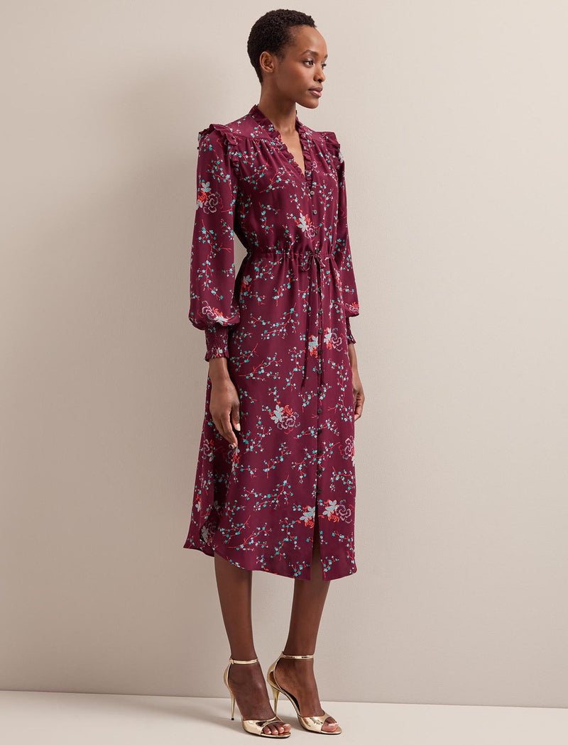 Stella Silk Midi Dress - Burgundy Lotus Print