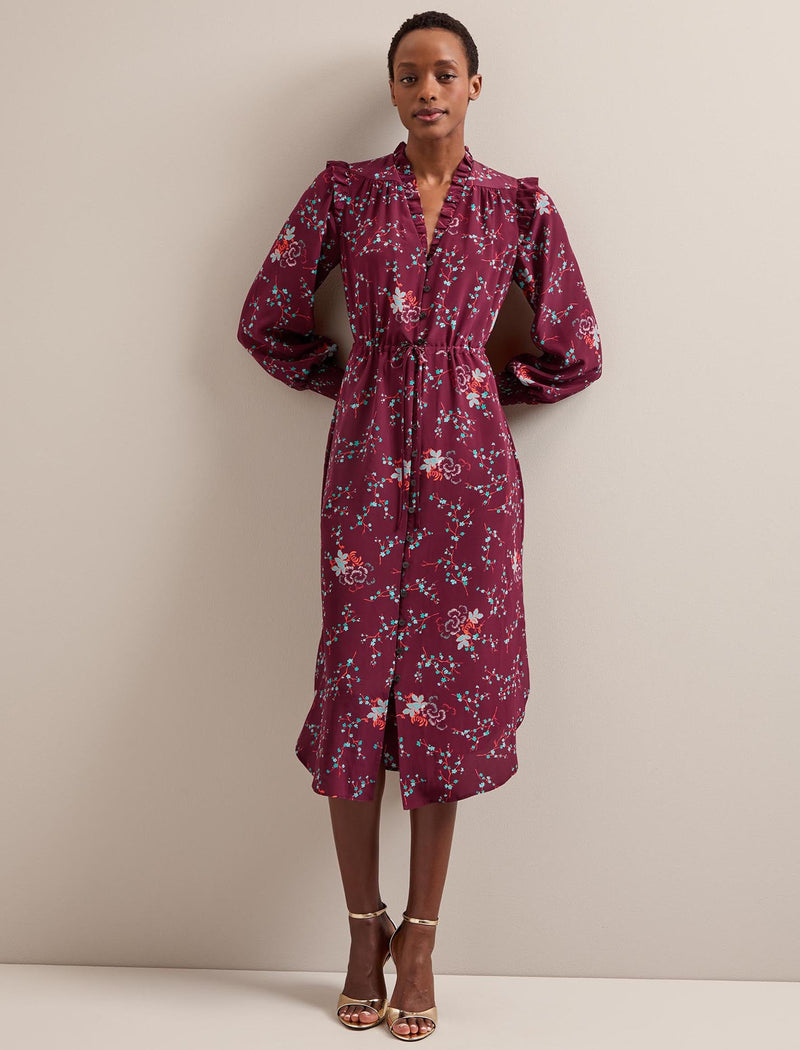 Stella Silk Midi Dress - Burgundy Lotus Print