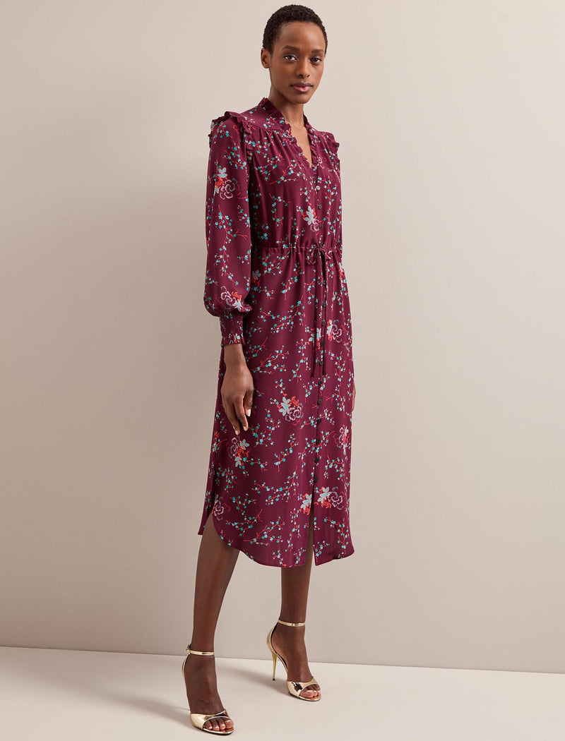 Stella Silk Midi Dress - Burgundy Lotus Print