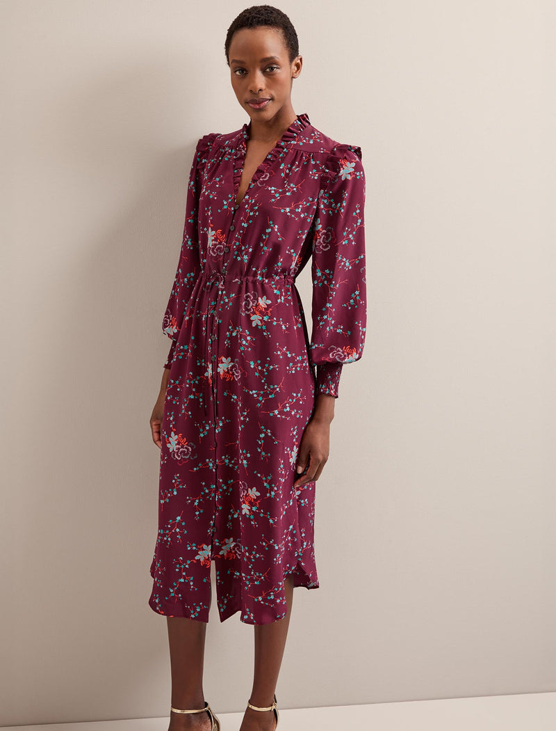 Stella Silk Midi Dress - Burgundy Lotus Print