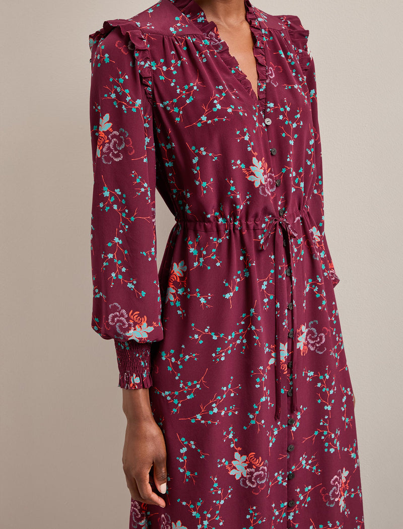 Stella Silk Midi Dress - Burgundy Lotus Print