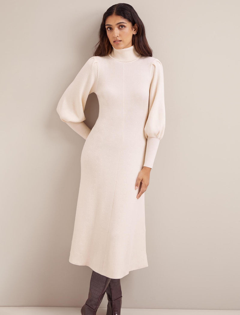 Eva Merino Wool Roll Neck Dress - Cream