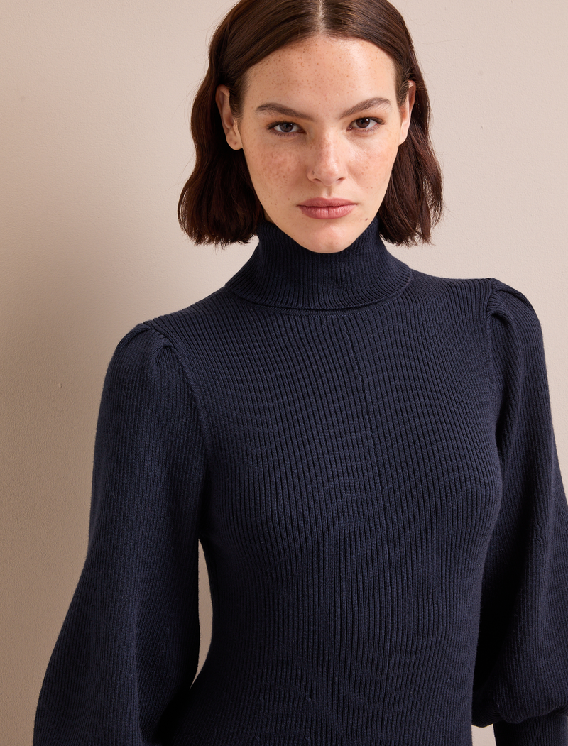 Eva Merino Wool Roll Neck Dress - Navy