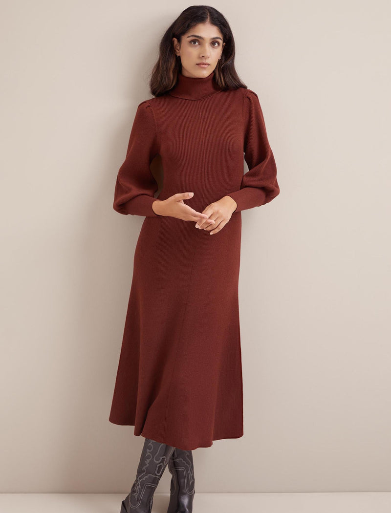 Eva Merino Wool Roll Neck Dress - Rust