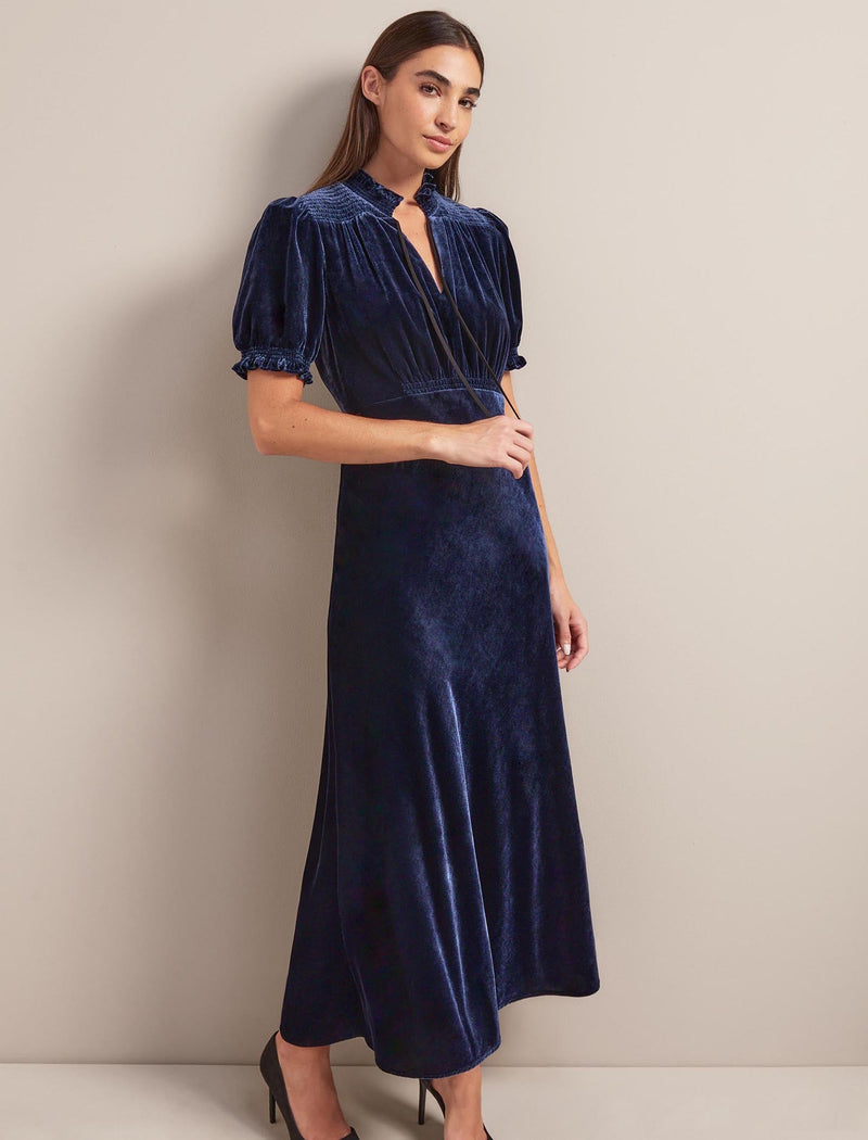 Irina Bias Cut Velvet Maxi Dress - Navy