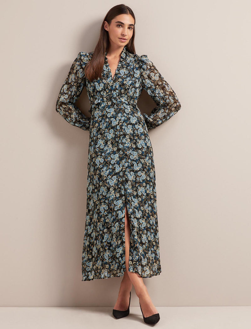 Liliana Lurex Fil Coupé Maxi Dress - Navy Paisley Print