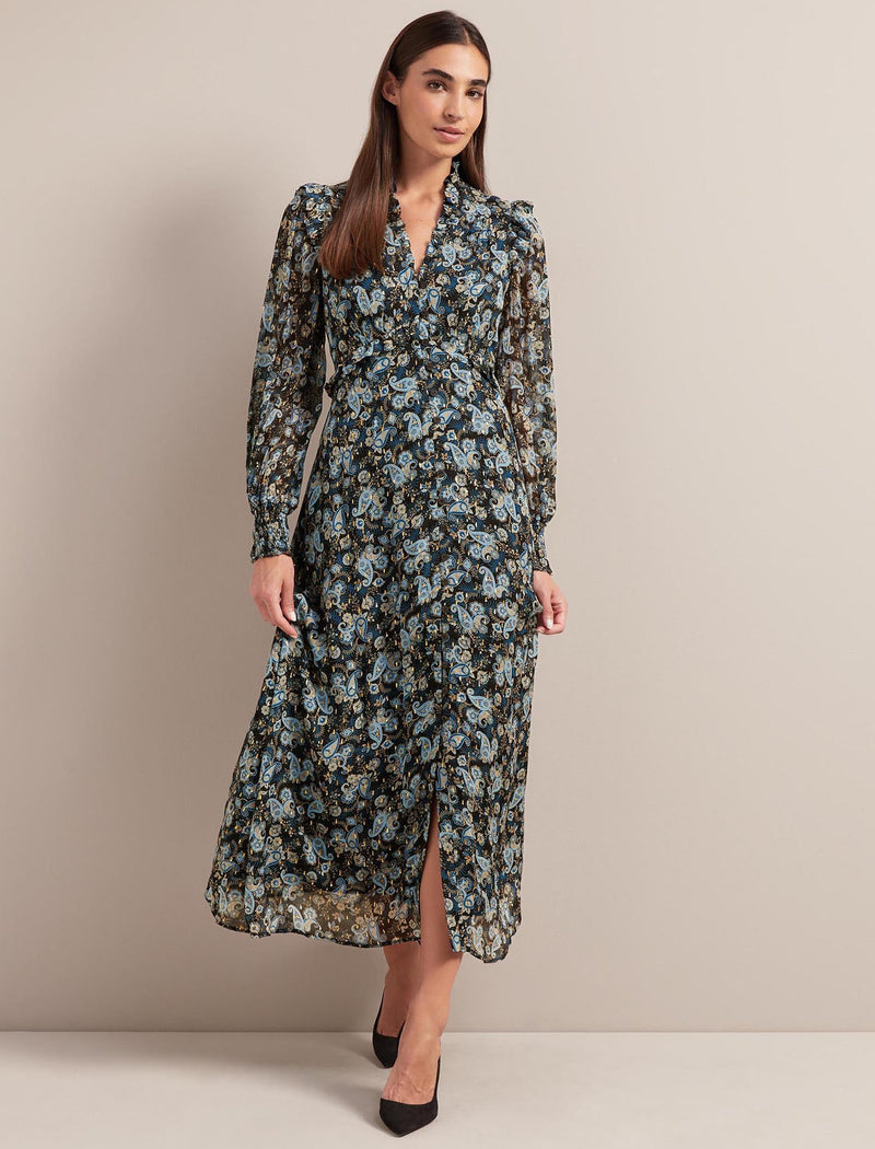 Liliana Lurex Fil Coupé Maxi Dress - Navy Paisley Print