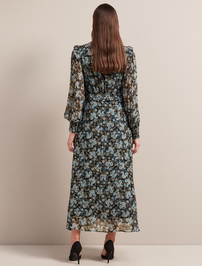 Liliana Lurex Fil Coupé Maxi Dress - Navy Paisley Print