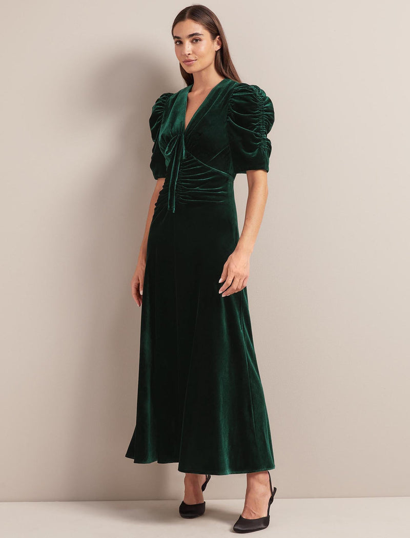 Ophelia Bias Cut Velvet Maxi Dress - Dark Green