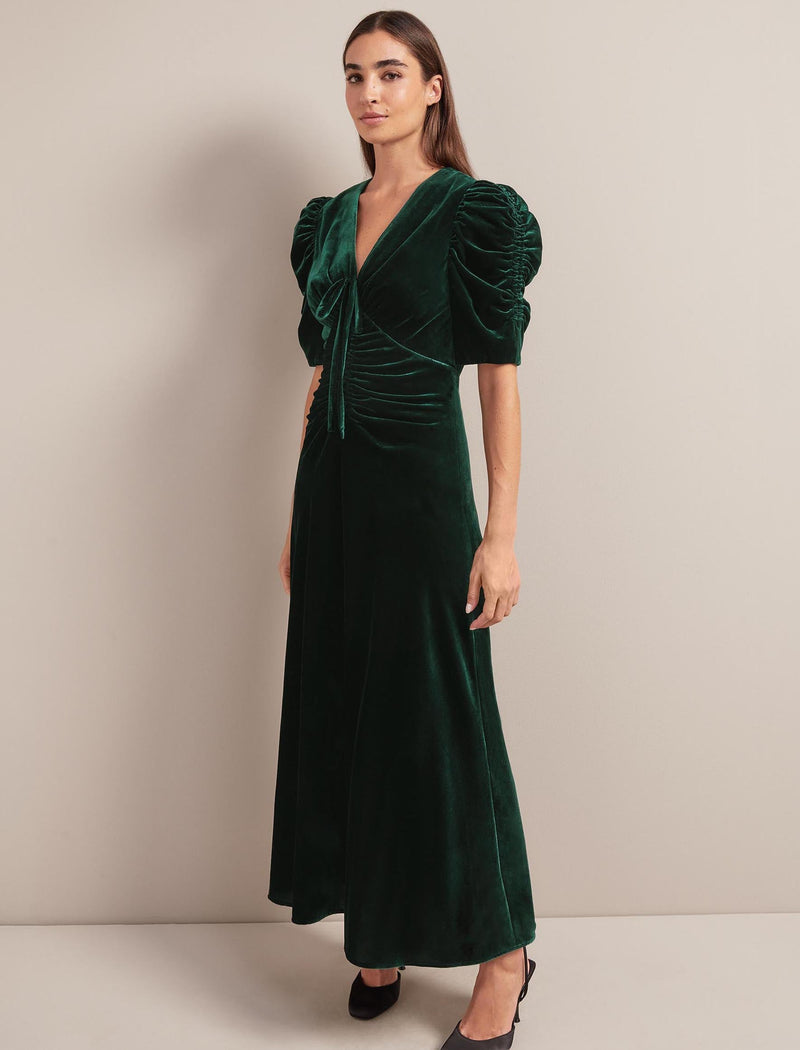 Ophelia Bias Cut Velvet Maxi Dress - Dark Green