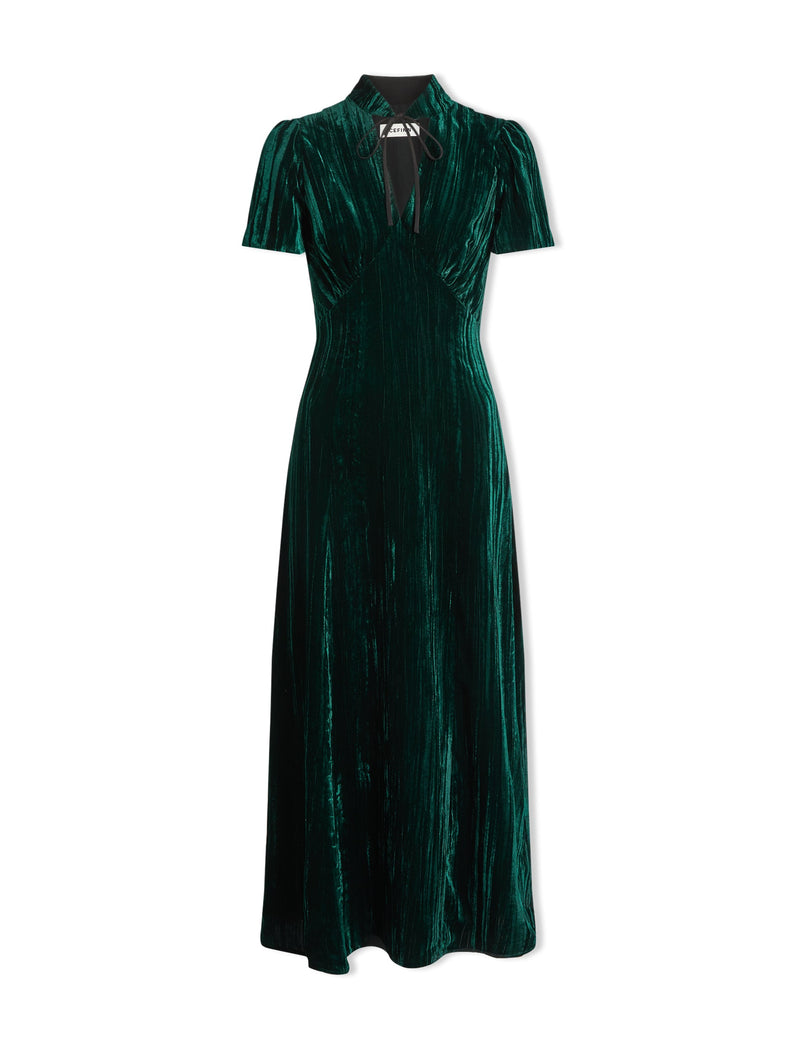 Jacquetta Plisse Velvet Bias Cut Maxi Dress - Green