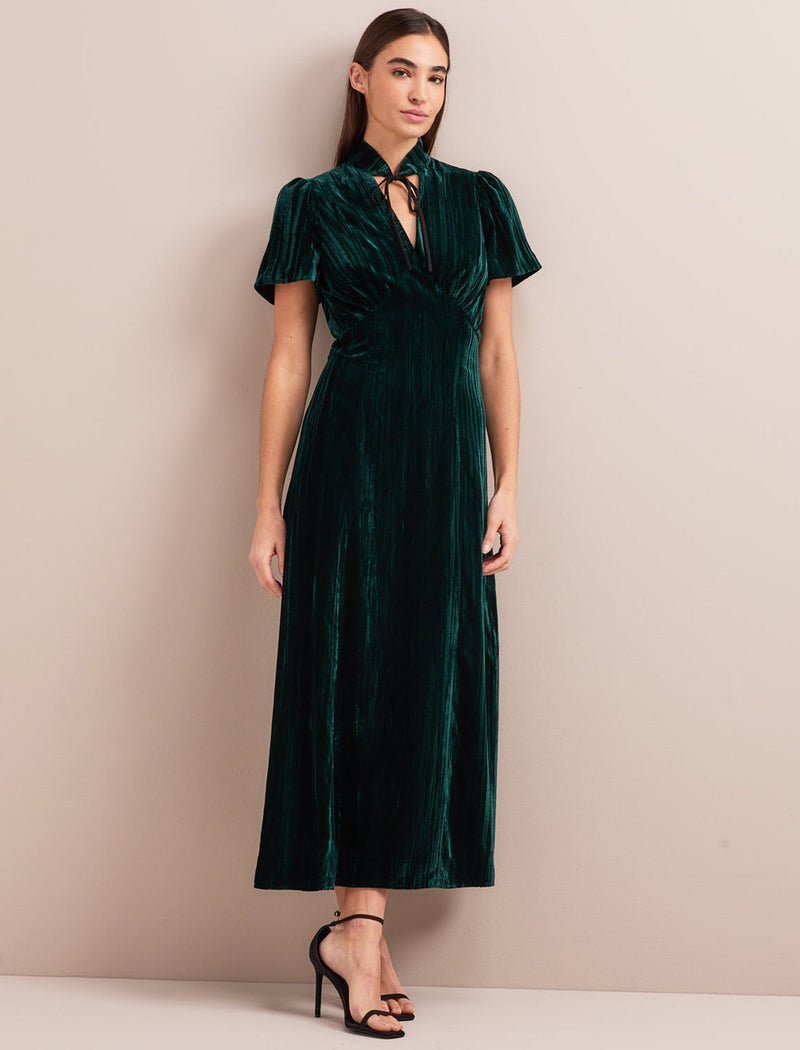 Jacquetta Plisse Velvet Bias Cut Maxi Dress - Green