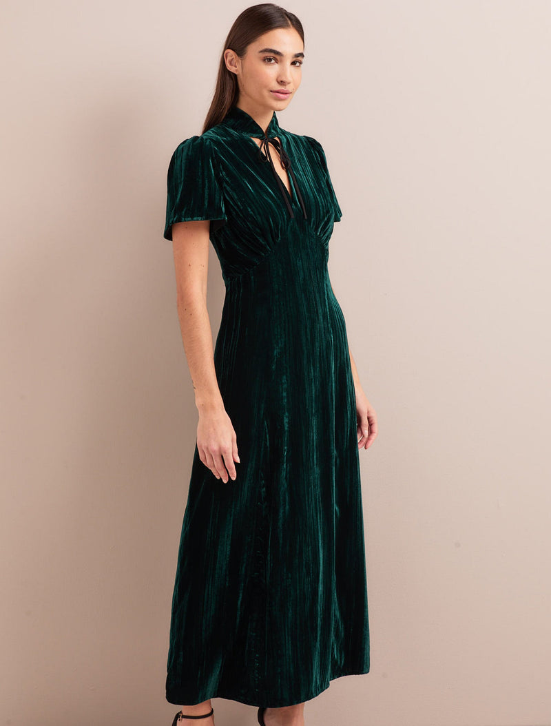 Jacquetta Plisse Velvet Bias Cut Maxi Dress - Green