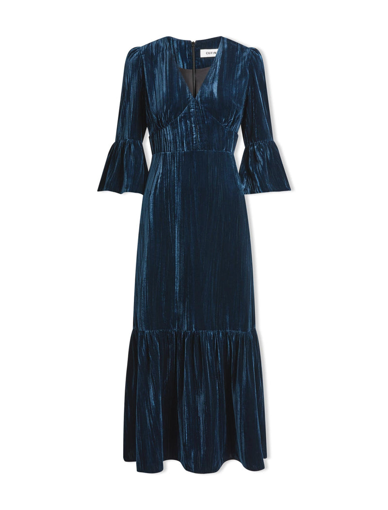 Daphne Plisse Velvet V Neck Maxi Dress - Dark Blue