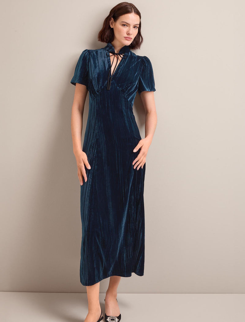 Jacquetta Plisse Velvet Bias Cut Maxi Dress - Dark Blue