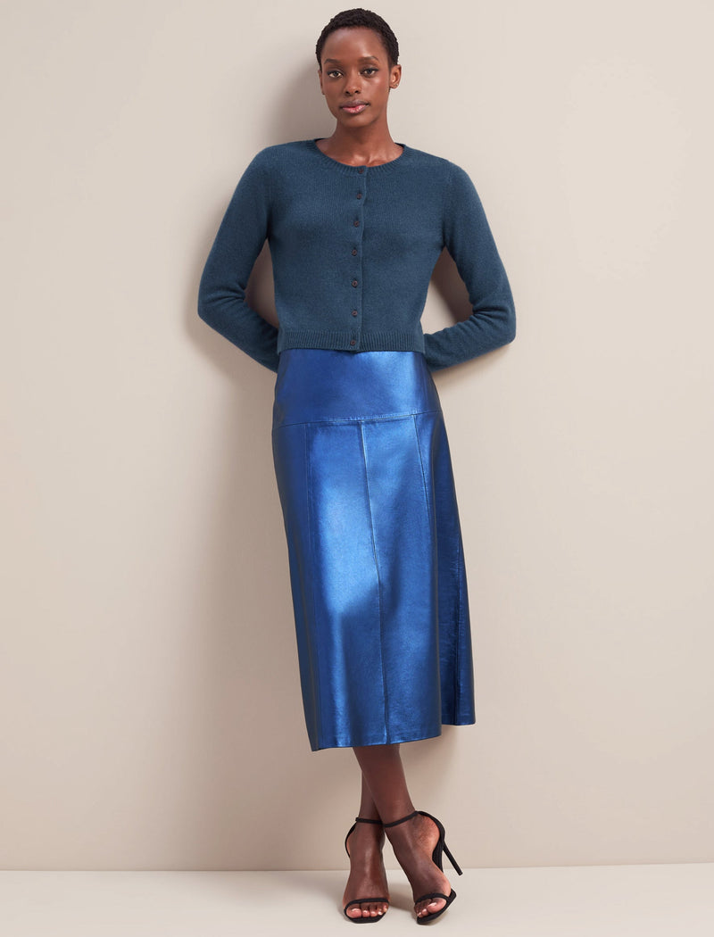 Tiana Leather Midi Skirt - Metallic Blue