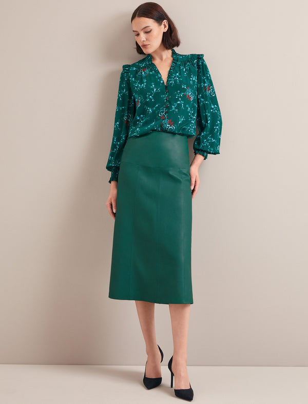 Stella Silk Shirt - Green Lotus Print