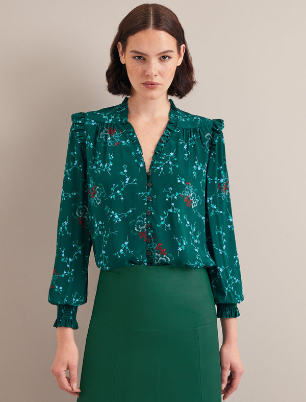 Stella Silk Shirt - Green Lotus Print