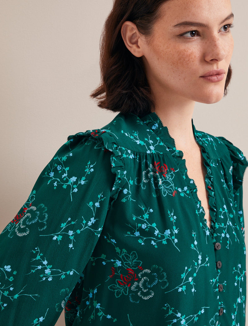 Stella Silk Shirt - Green Lotus Print