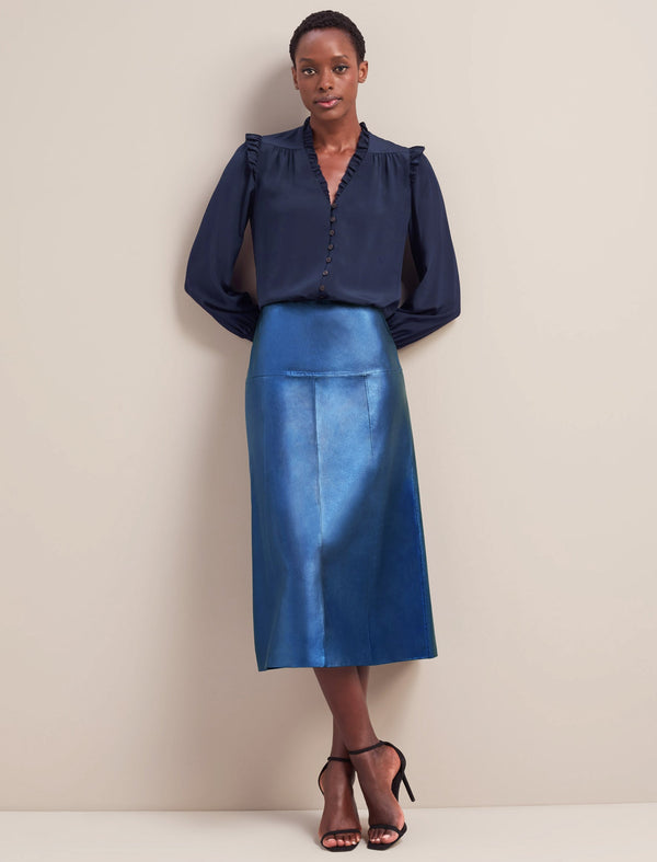 Tiana Leather Midi Skirt - Metallic Blue